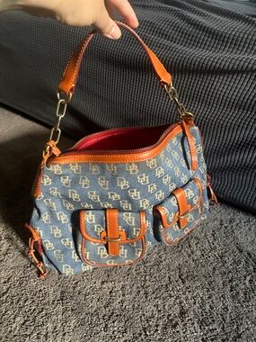 Dooney & Bourke Blue Logo Denim Shoulder Bag with Brown Leather Trim